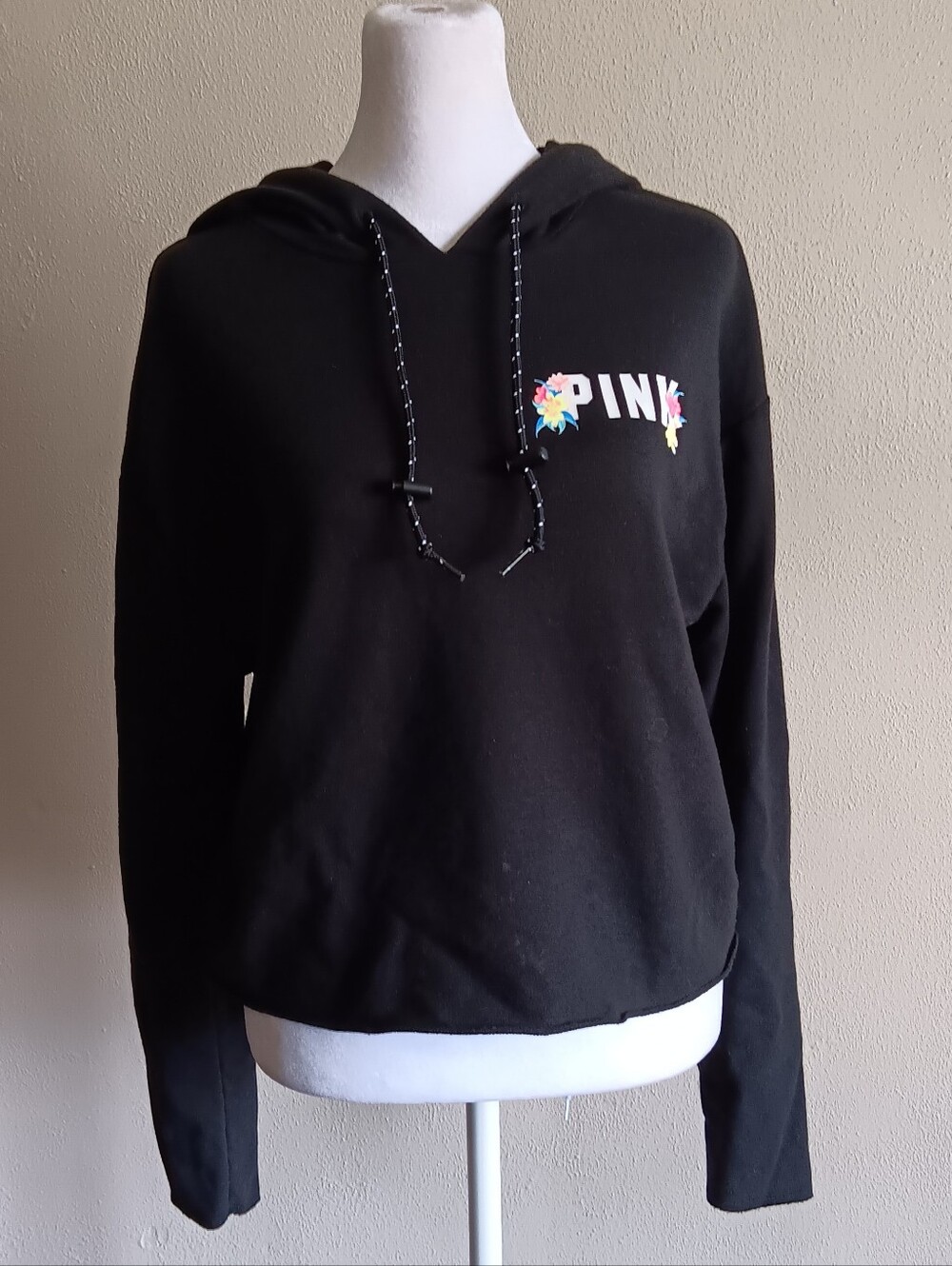 PINK Victoria's Secret Black Hoodie W/ Open Window Back, & Floral Logo, Small